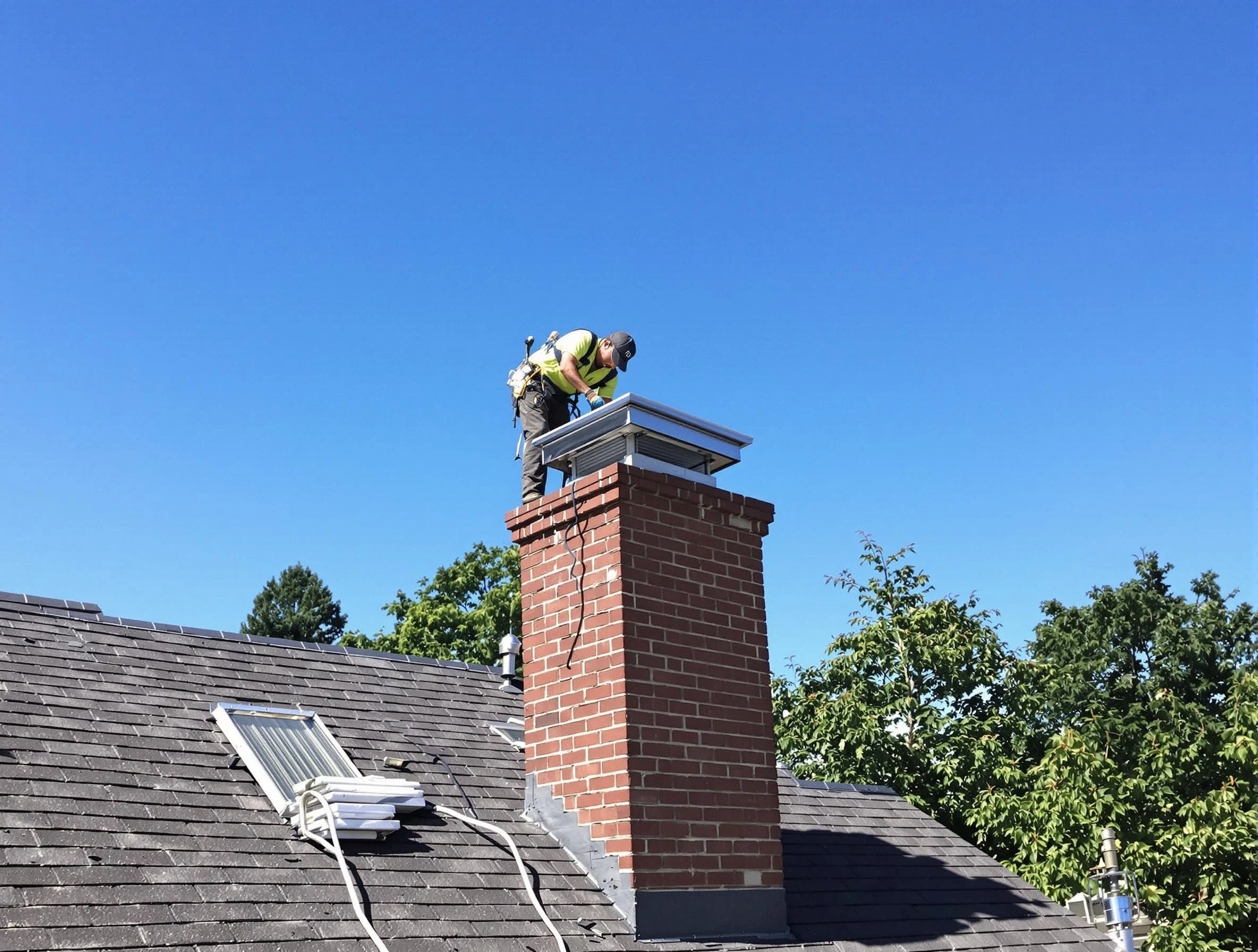 Newcastle Chimney Sweep technician measuring a chimney cap in Newcastle, OK